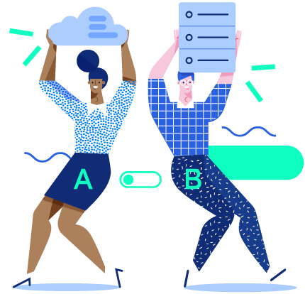 Illustration of two people offering cloud infrastructure or a dedicated bare-metal server