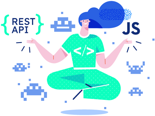 Illustration of a developer excercising between symbols of API and JavaScript widget